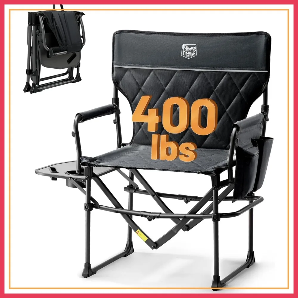 

Heavy Duty Camping Chair with Side Table, Portable Director's Chair Supports 400lbs, Black