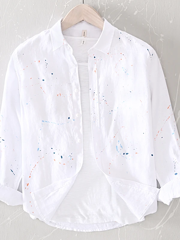 

Premium Feel White Linen Cotton Men's Long Sleeve Printed Shirt Spring Fashion Floral Print Casual Loose Fit Breathable Shirt