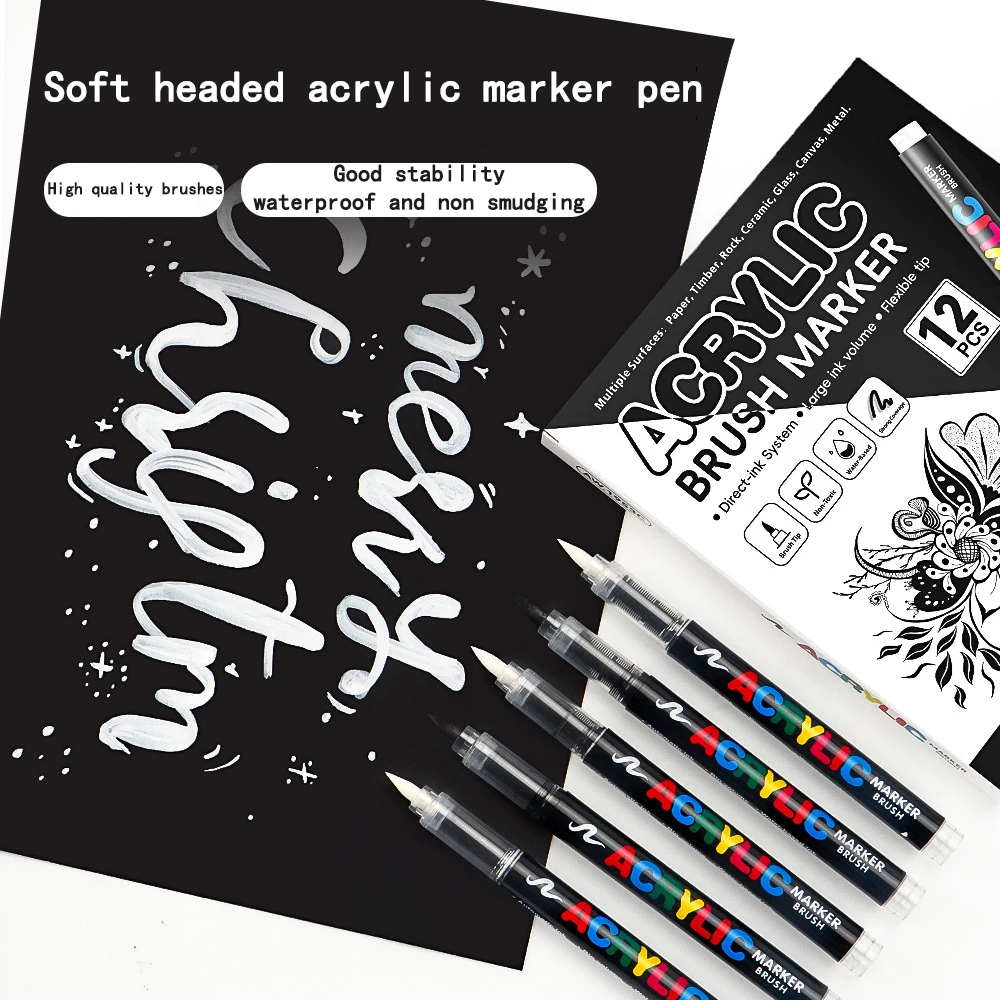 

Black and white straight liquid soft bristled acrylic marker pen for art students, highlighter pen