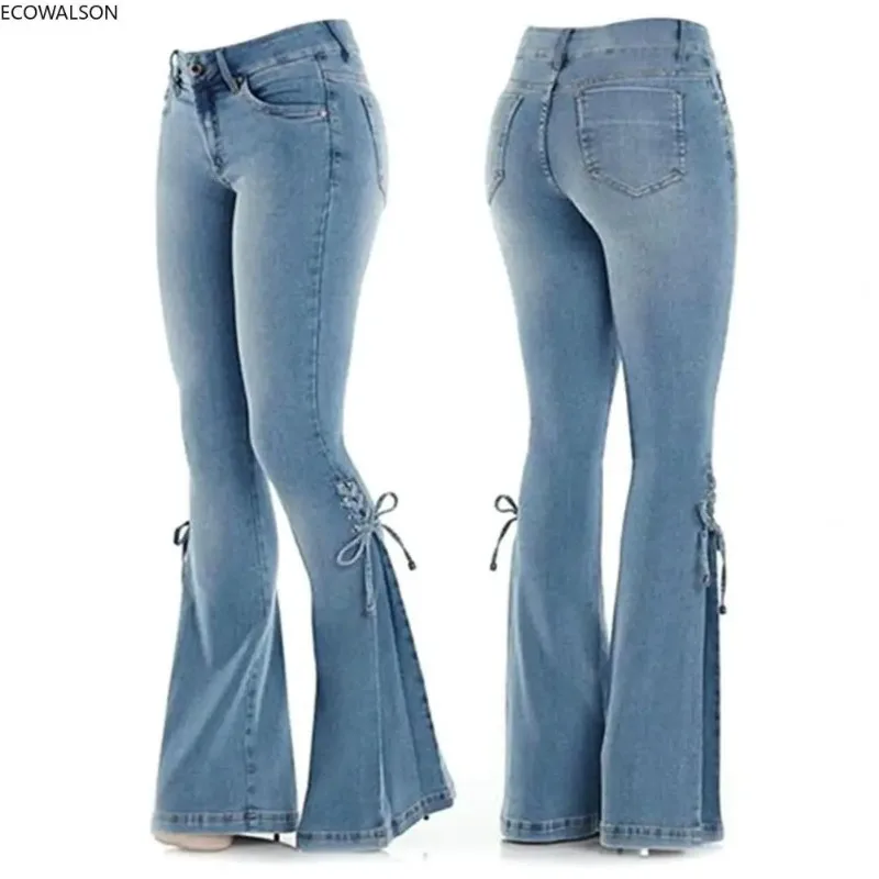 Meados de cintura estiramento flare jeans feminino calças de brim perna larga bunda levantada casual estilo coreano magro sino inferior bolso trousers30