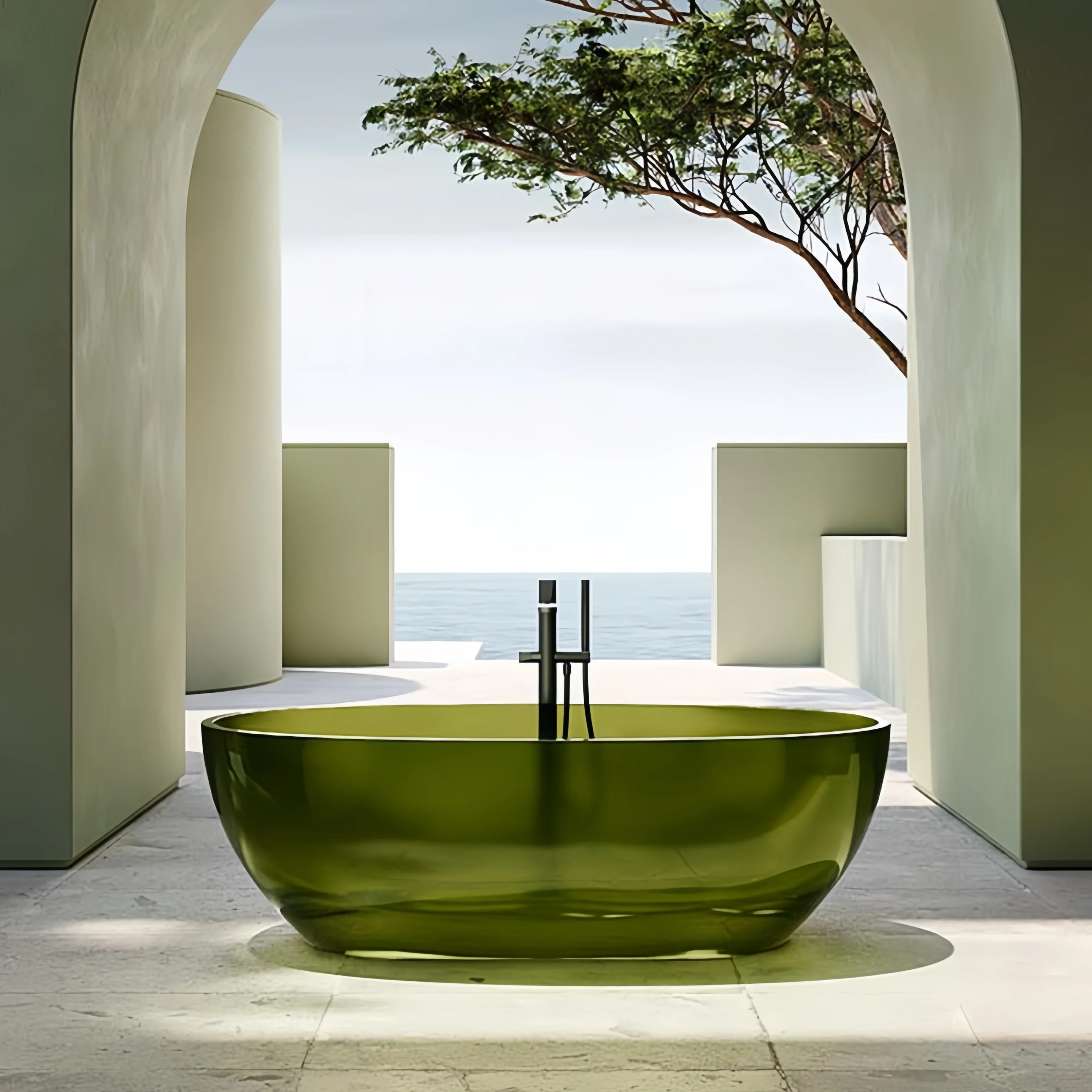 

%* Tea Green Resin Freestanding Bathtub With Drainer Modern Design Eco-Friendly Durable Bathroom Soaking Tub