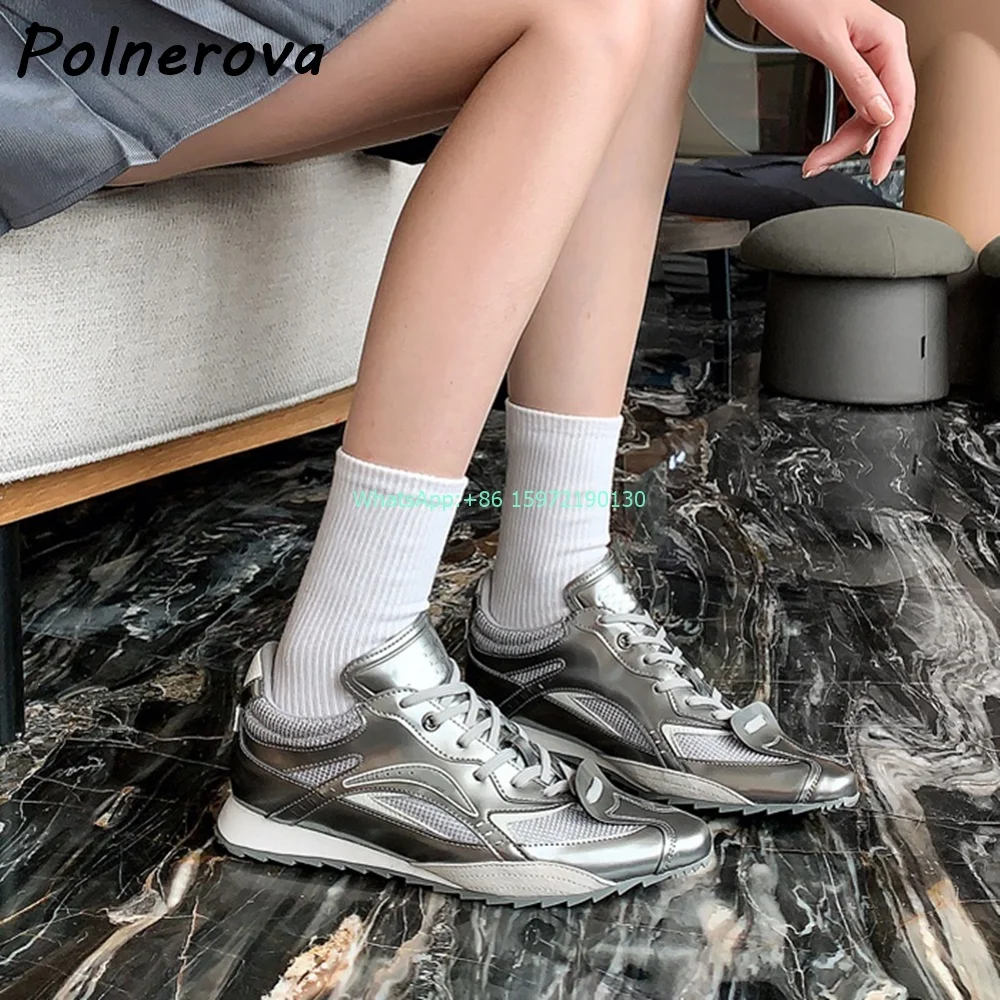 Pointy Toe Leisure Sneakers Patchwork Silvery Cross Tied Flat with Pumps New Fashion High Increase Ladies Casual Cool Shoes
