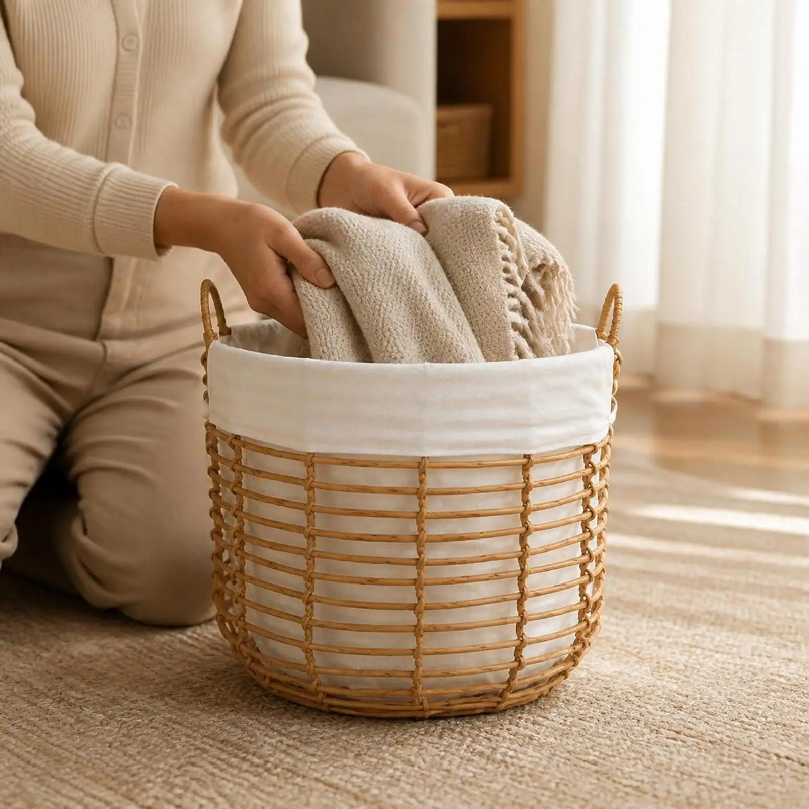 Handwoven Wicker Laundry Basket with Linen Liner and Sturdy Metal Frame for Bedroom Organization