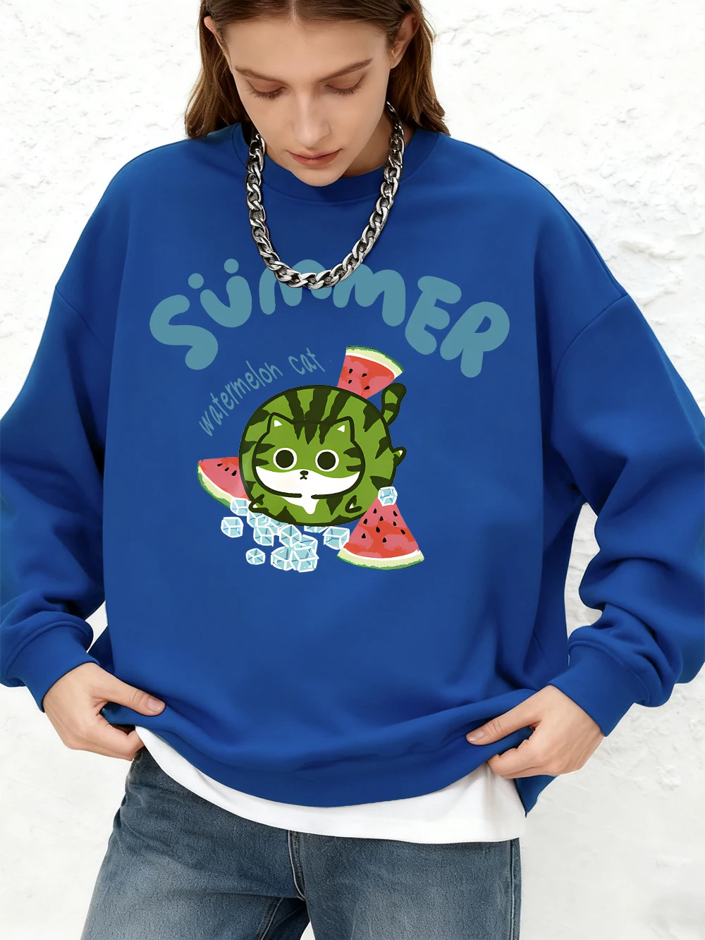 Watermelon Cat Prints Hoodies Womens Winter Warm Long Sleeves Sweatshirts Casual Jogger Crewneck Tops Oversize Woman Clothes