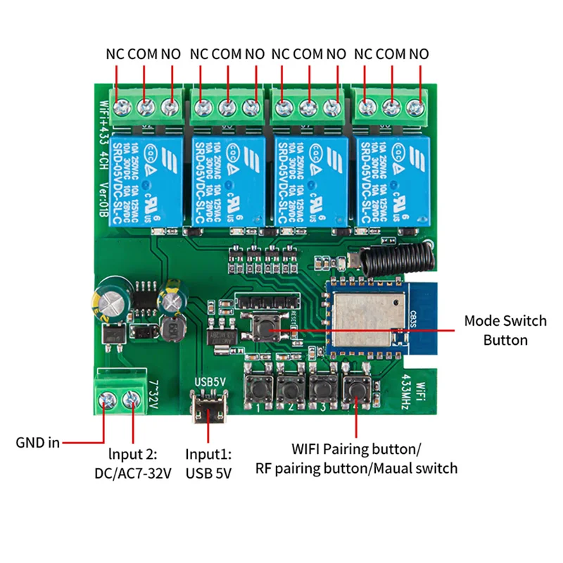 Y23A-4CH Tuya Wifi Smart Switch Smart Switch DIY Timer+Remote 7-32V USB 5V 2.4G Wifi Smartlife Home Automation Module For IFTT A