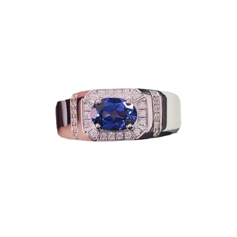 Solid 18K White Gold AU585 Platinum PT950 Men's Egg Shaped Sapphire Four Claw Ring Men's 1 Carat Diamond Ring