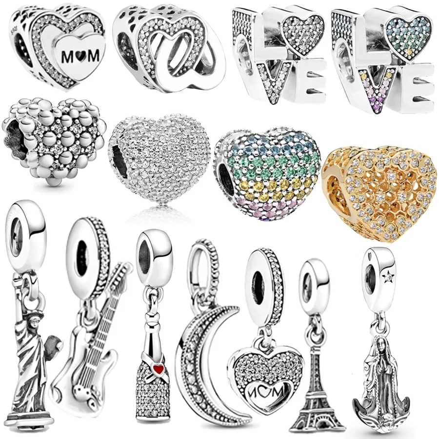 NEW Statue Of Liberty Guitar Sparkling Heart Dangle Charm Bead Fit Original 925 Sterling Silver Women Bracelet DIY Jewelry Gift