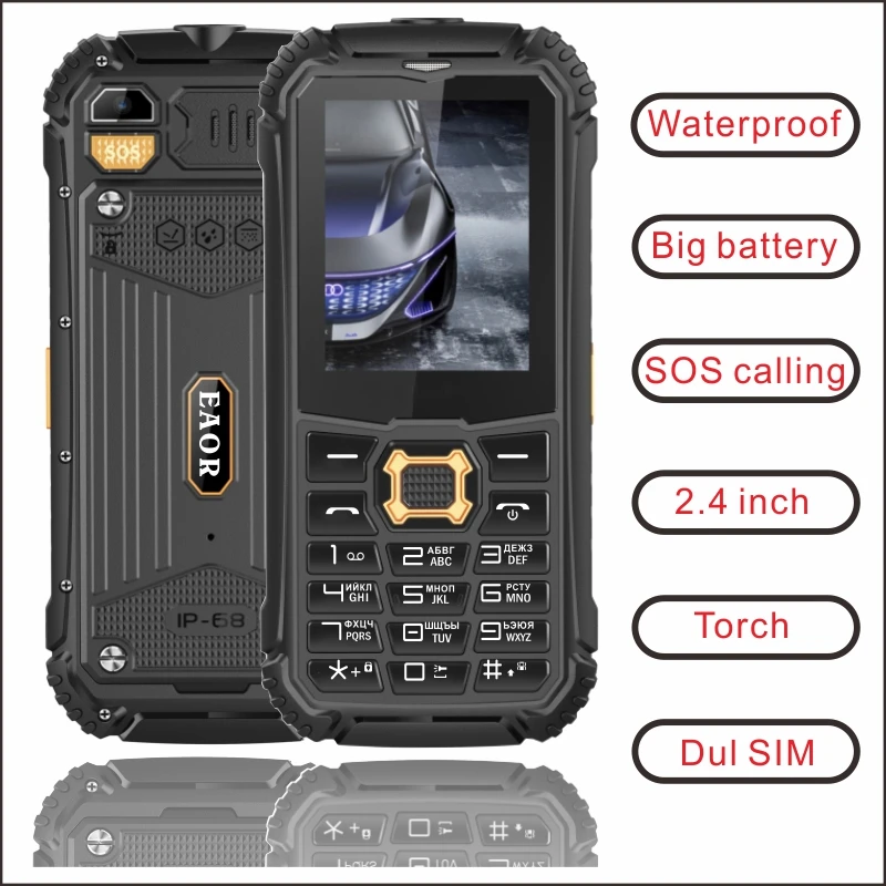 EAOR 2G GSM Feature SOS IP68 Rugged Waterproof Dustproof Keypad Phone Dual SIM 2000mAh Big Battery  Phone side key Torch