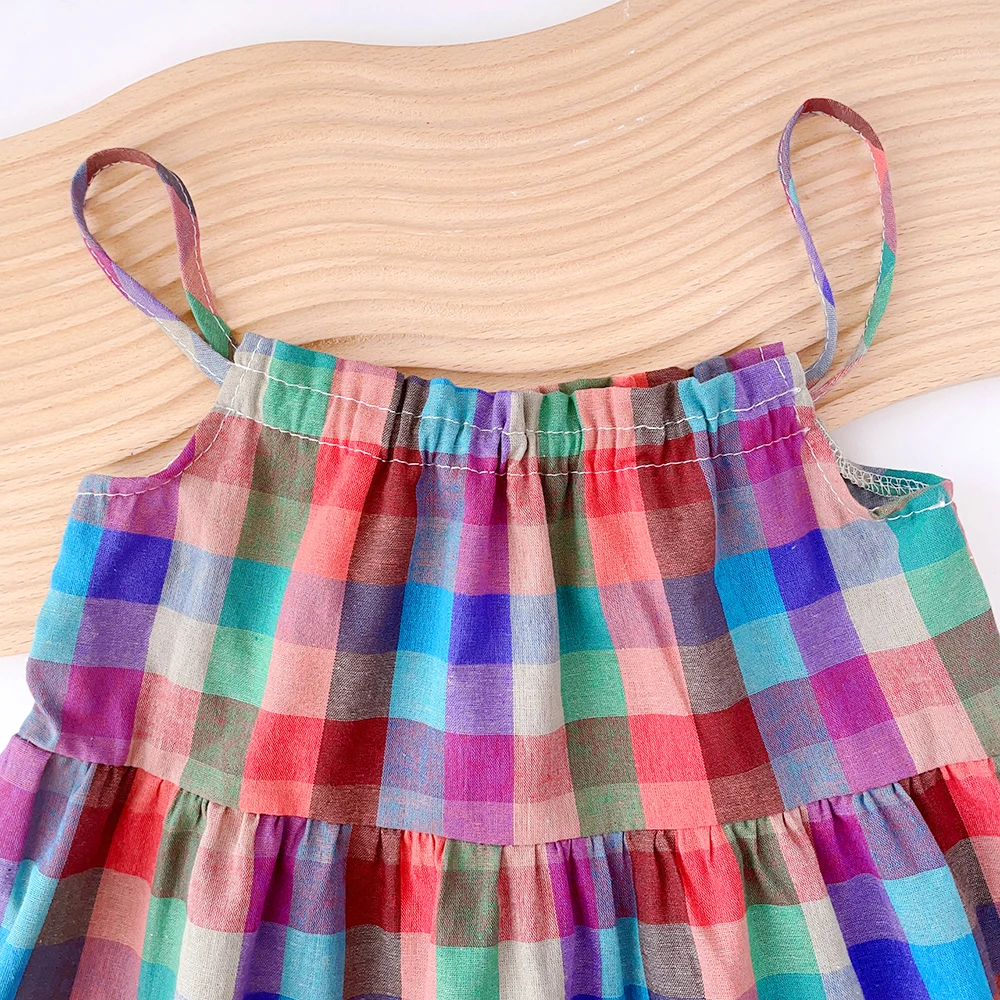 Girls\' Set 2023 Summer New Casual Dress Colorful Plaid Strap Dress Sleeveless Princess Dress Girls\' Fashion Dress