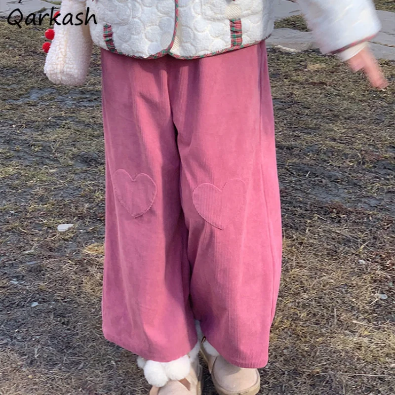 Loose Corduroy Wide Leg Pants Leisure Solid Love Sweet Heart Mori Girl All-match Preppy Harajuku Vintage Warm Winter New Fashion