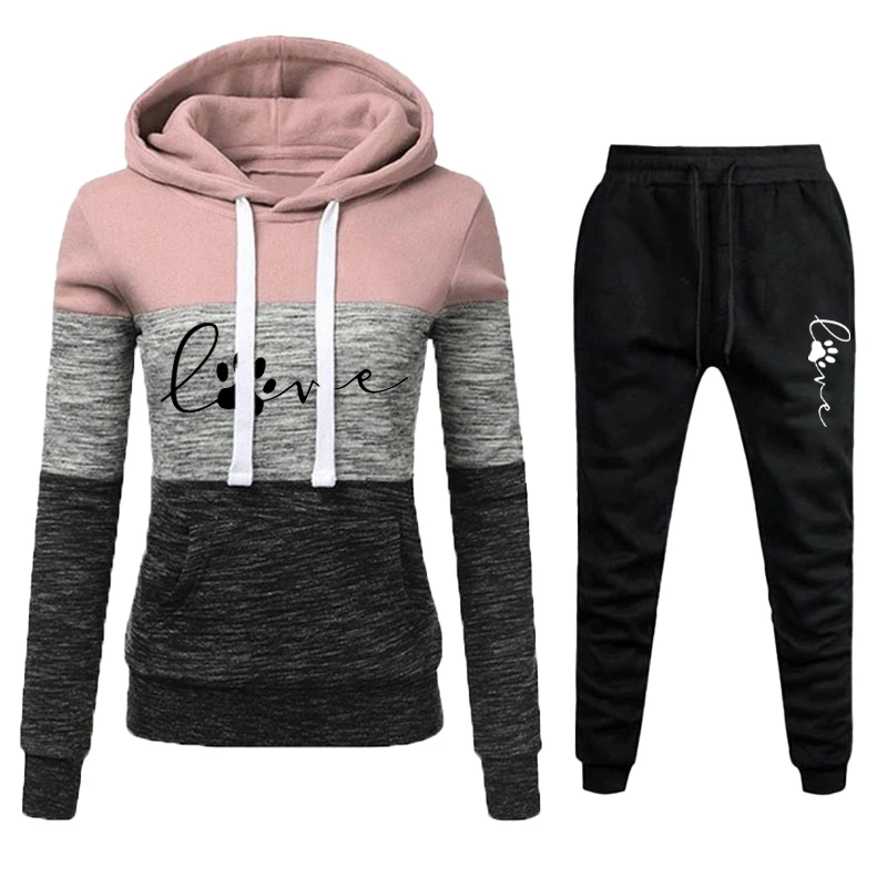 Women\'s sports suit three color patchwork printed hoodie set outdoor casual long sleeved pullover and jogging pants two-piece