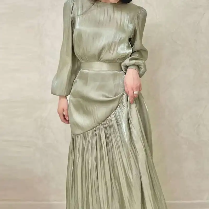 

Повседневное женское длинное шикарное женское вечернее платье на шнуровке с круглым вырезом, осеннее элегантное однотонное платье с оборками