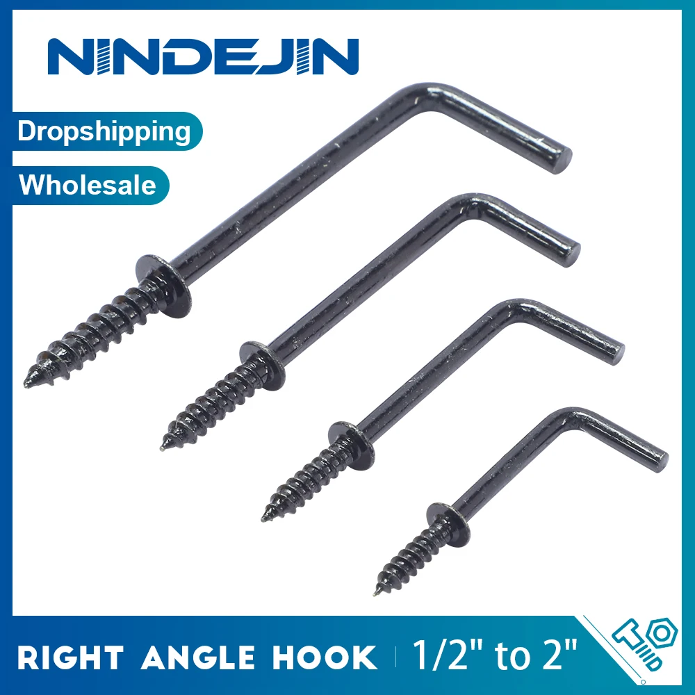 NINDEJIN 10/20/50pcs L-Shaped Right-Angle Hook with Washer Black Zinc Plated 1/2~2 Inch 7-Shaped Screw for Photo Frame Lamp
