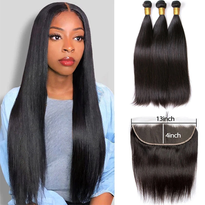 Mèches Brésiliennes Naturelles Remy Lisses, Cheveux Vierges, Non Traités, avec Dentelle HD 13x4, 100%, Lot de 3