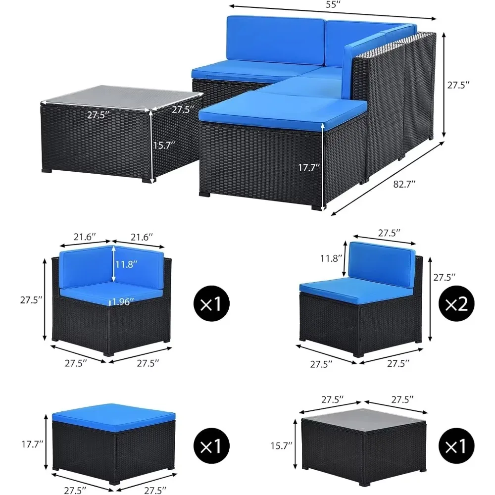 Juego de muebles para patio al aire libre de 5 piezas, juego de conversación de mimbre PE, sofá para exteriores, sofá seccional con mesa de centro de vidrio