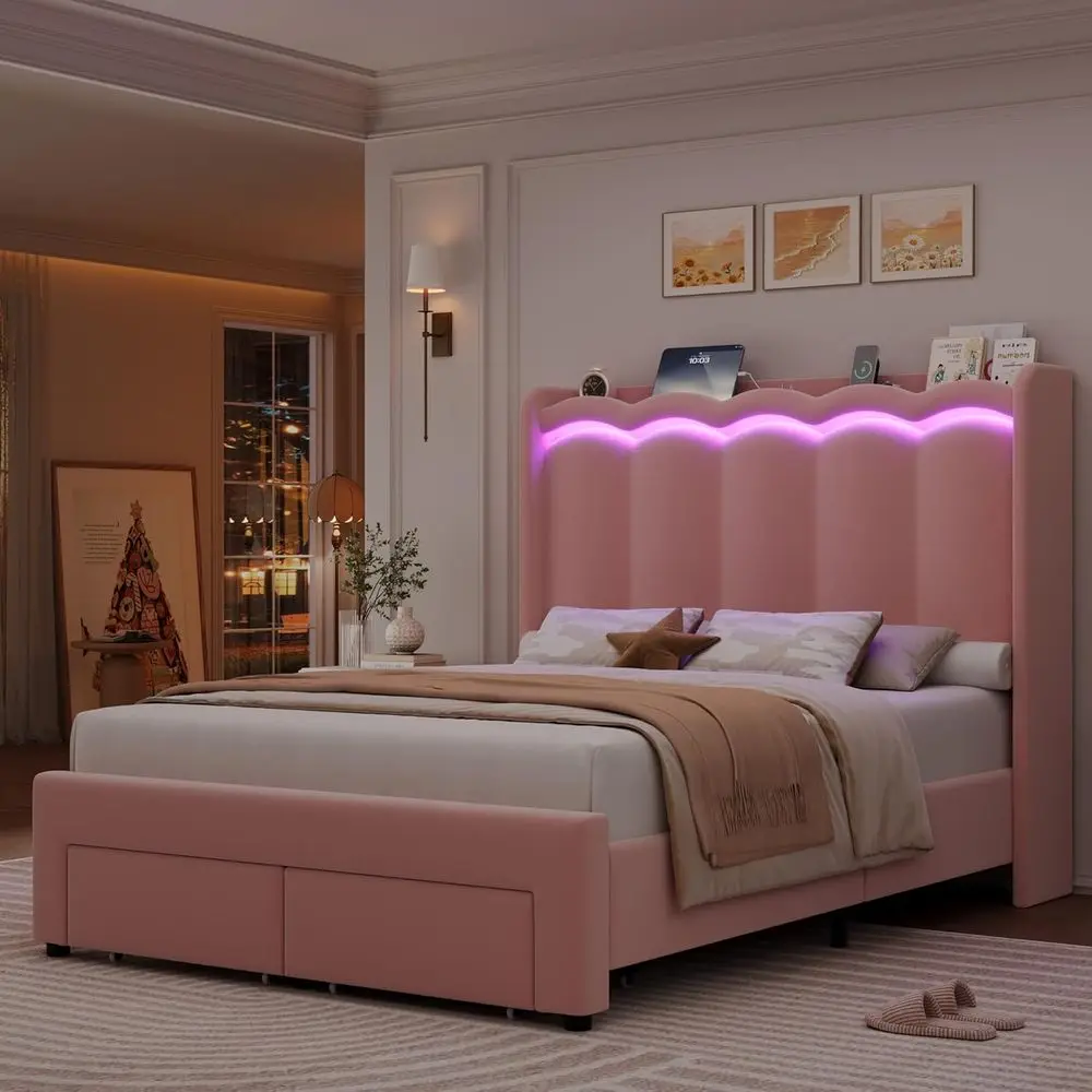 

Розовая бархатная кровать размера Full с LED-подсветкой, зарядной станцией и ящиками для хранения, не требует пружинного блока