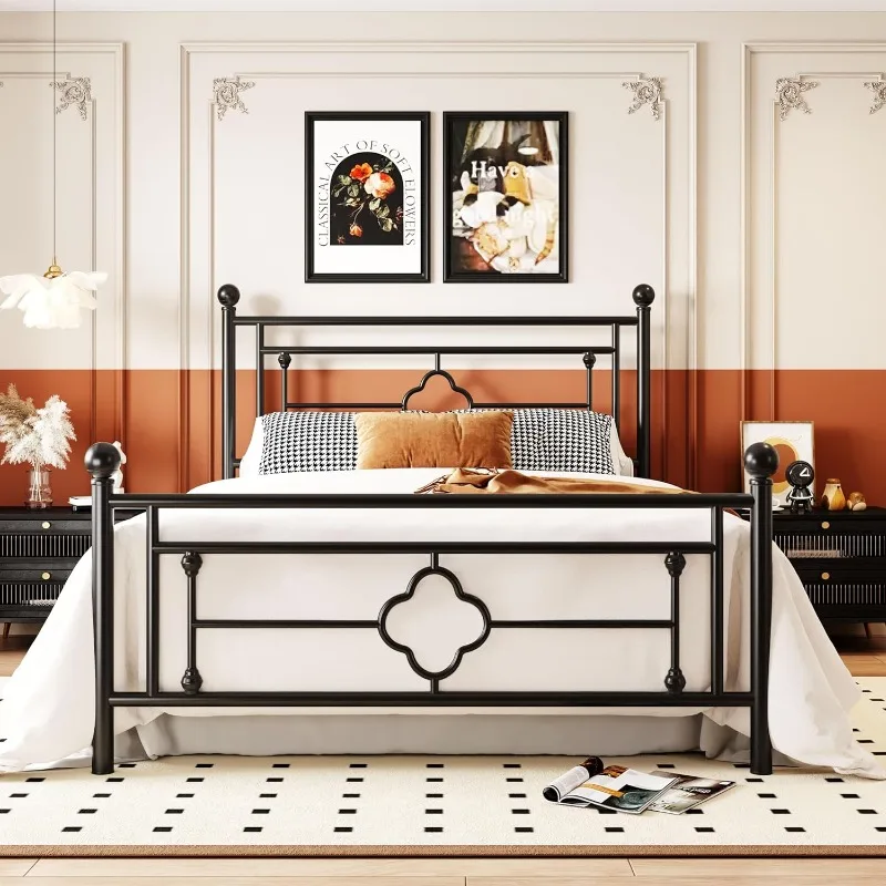 Full Size Metal Platform Bed Frame with Victorian Vintage Headboard and Footboard/Mattress Foundation/Under Bed Storage