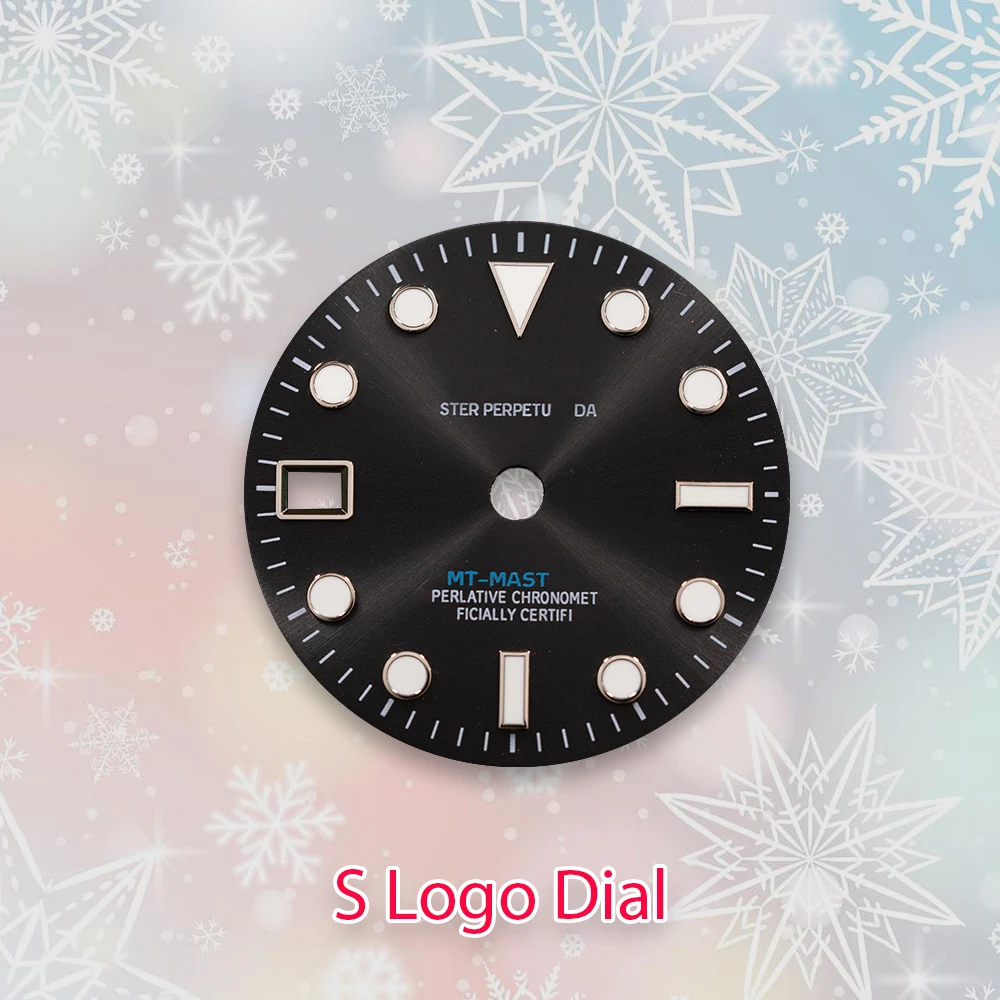 28.5mm Sロゴ NH34 GMT文字盤 9時位置カレンダー窓 NH34ムーブメント対応 アイスブルー夜光時計改造アクセサリー