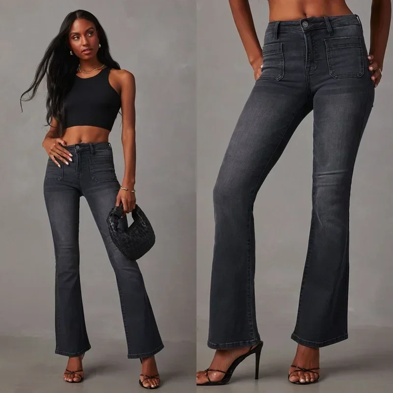 

Women Jeans Flare Pants Denim Ankle Length Pants Washing Slim Fit High Waist Zipper Fly Pockets Solid Streetwear Spring