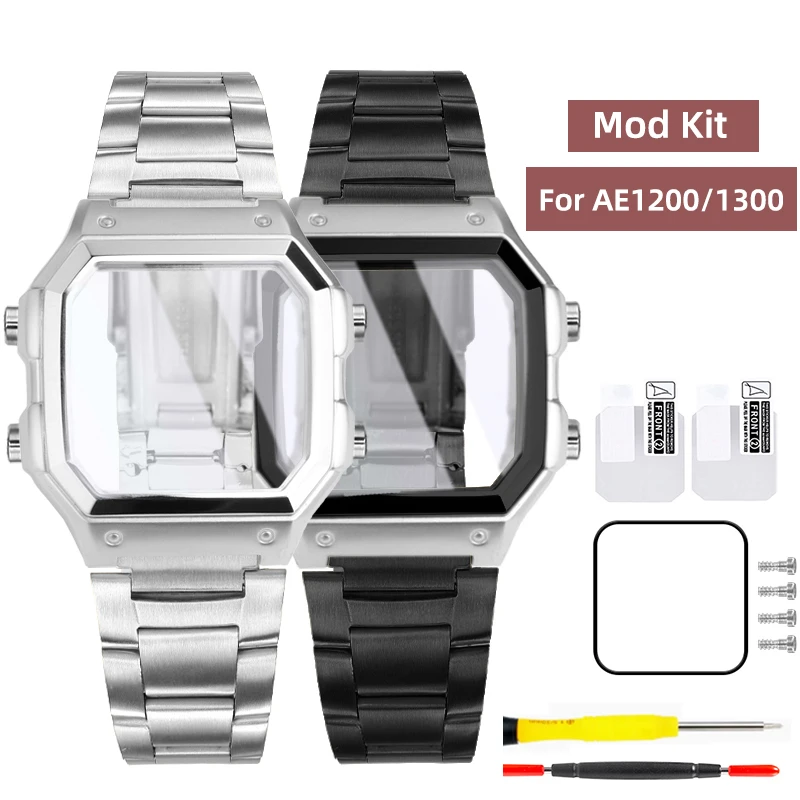 

AE1200 metal case stainless steel Bracelet 18mm AE-1300 3299 AE-1200 Bezel case thickened glass film Mod kit AE1200 strap parts