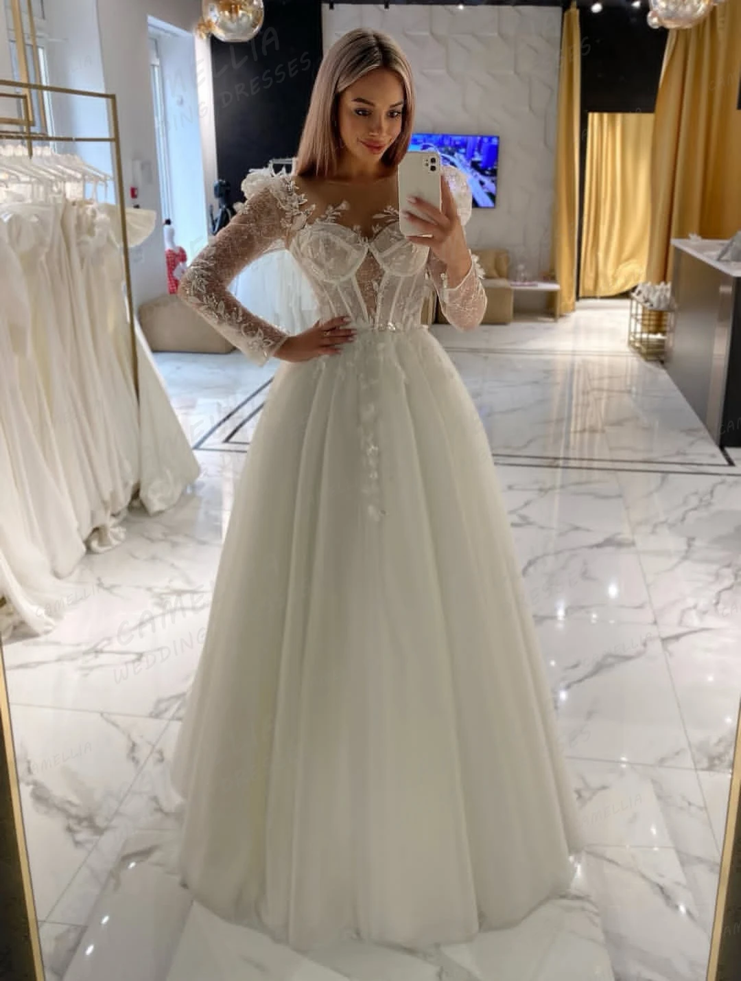 Vestidos de casamento simples querida feminino uma linha renda manga longa brilhante vestidos de noiva tule vestidos de novia festa personalizada