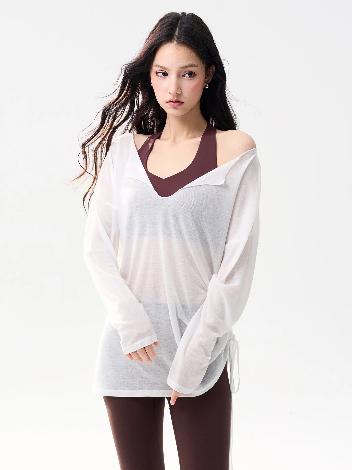 

Женская спортивная одежда для йоги: повседневная свободная кофта с длинным рукавом и V-образным вырезом, дышащая, для фитнеса и тренировок, из полиэстера, спандекса и эластичного волокна