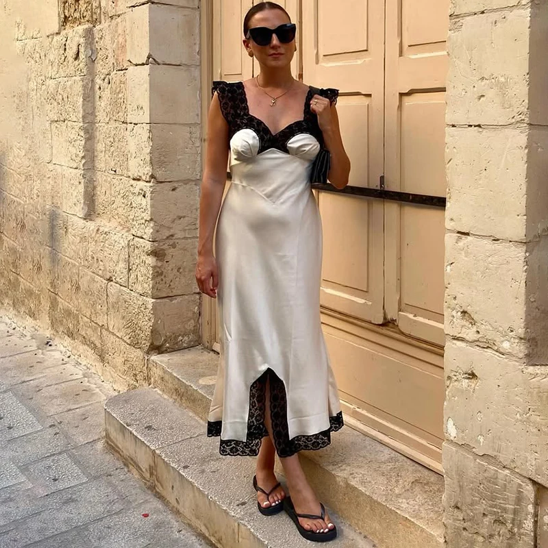 

Tornova Elegant Lace Splice Long Dress For Women Sleeveless High Waist Slit Bodycon Dress Fashion Lace Up Vacation Party Clothes