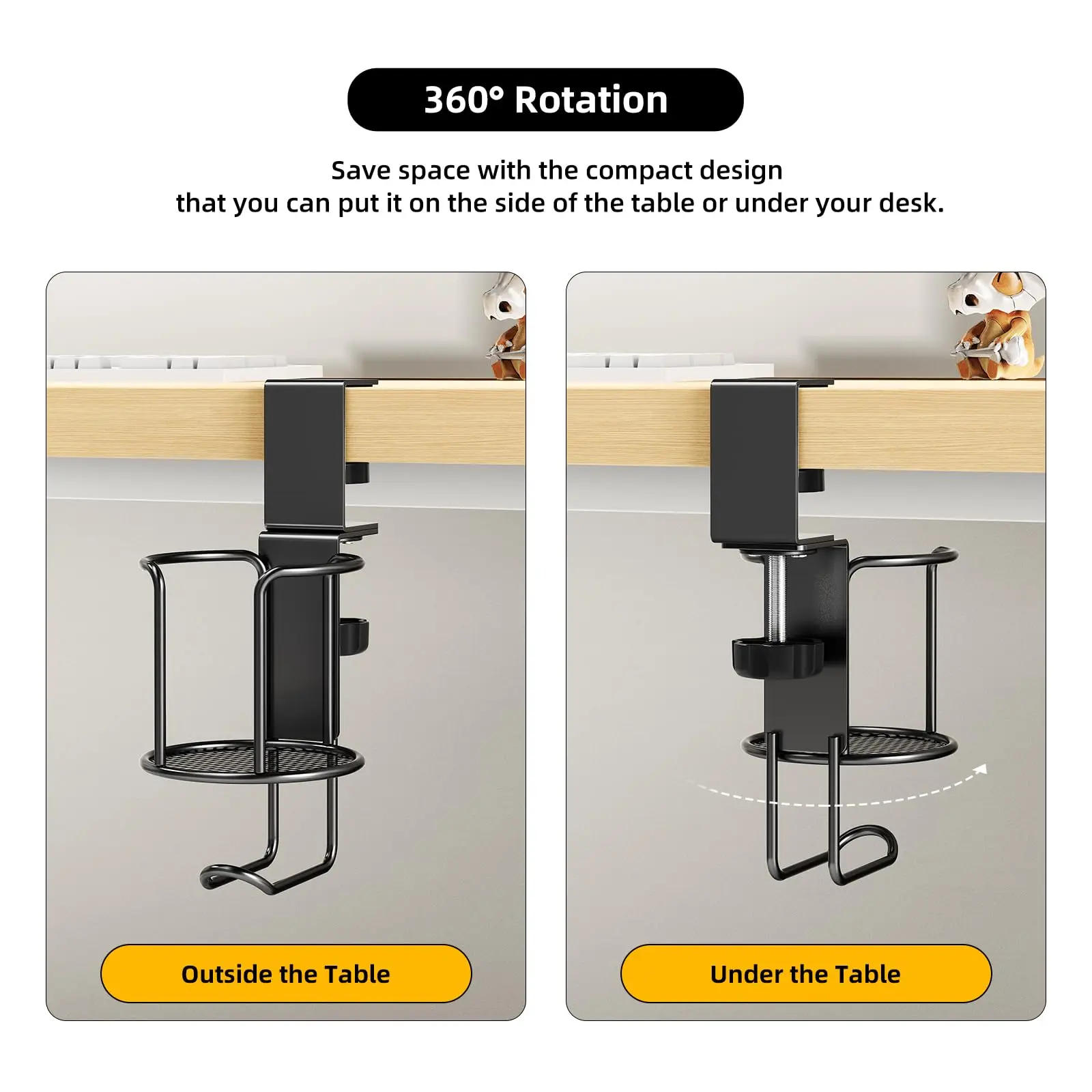 2 in 1 Desk Cup Holder with Headphone Hanger Holder, Anti-Spill Clip-On Table Cup Hook with 360° Rotation for Office Home Table image 4