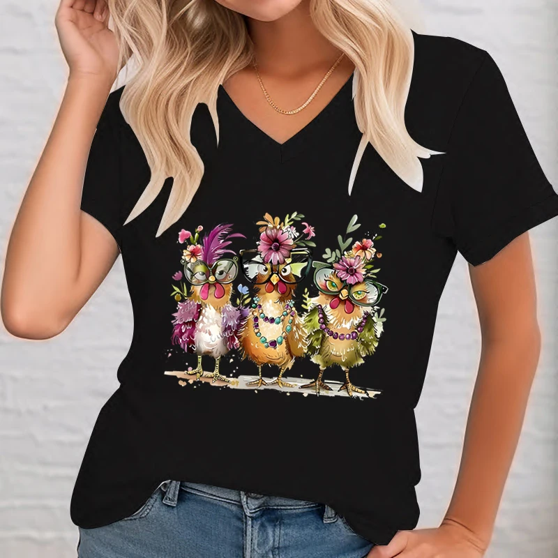 Flower Chicken Funny Graphic T Shirts Women Funny Flower Chicken Glasses T-shirts Female Fashion Animal Lover Essential TShirt