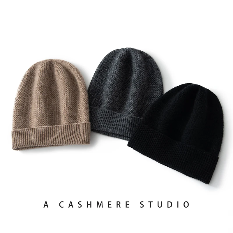 Winter New Men\'s Hats 100% Pure Cashmere Knit Headgears Soft Warm Casual Thick Man Cap 3 Colors High Quality Skullies Men Hat