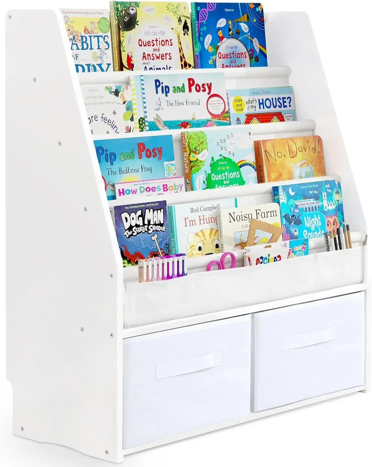 Bookshelf Kids Sling Book Rack with Two Storage Boxes and Toys Organizer Shelves Natural Solid Wood Baby Book