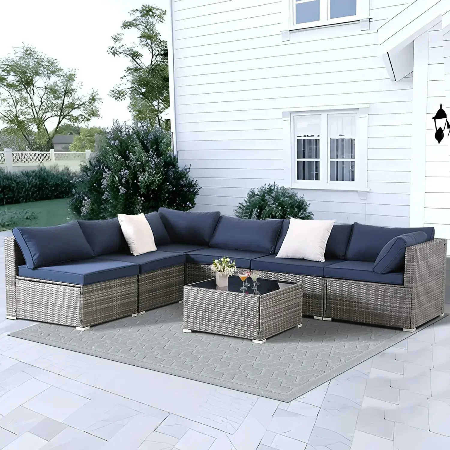 7/8 Pieces Patio Furniture Set, Wicker Sectional Sofa Set with Padded Cushion, All Weather Outdoor Conversation Set for Backyard