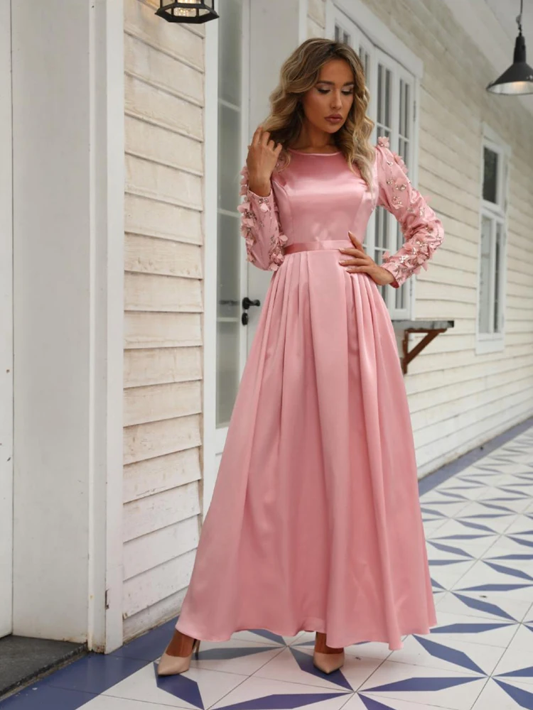 Women's Dusty Pink Satin Maxi Dress, Long Sleeve A-Line Evening Gown with 3D Floral Appliques Sleeves, Elegant Vestidos