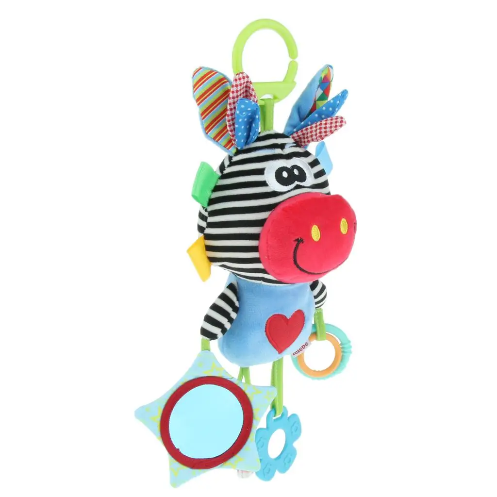 Soft Plush Animal Crib Hanging Sensory Educational Toy Infant Newborn Stroller Seat Crib Bell & Mirror - Deer #B