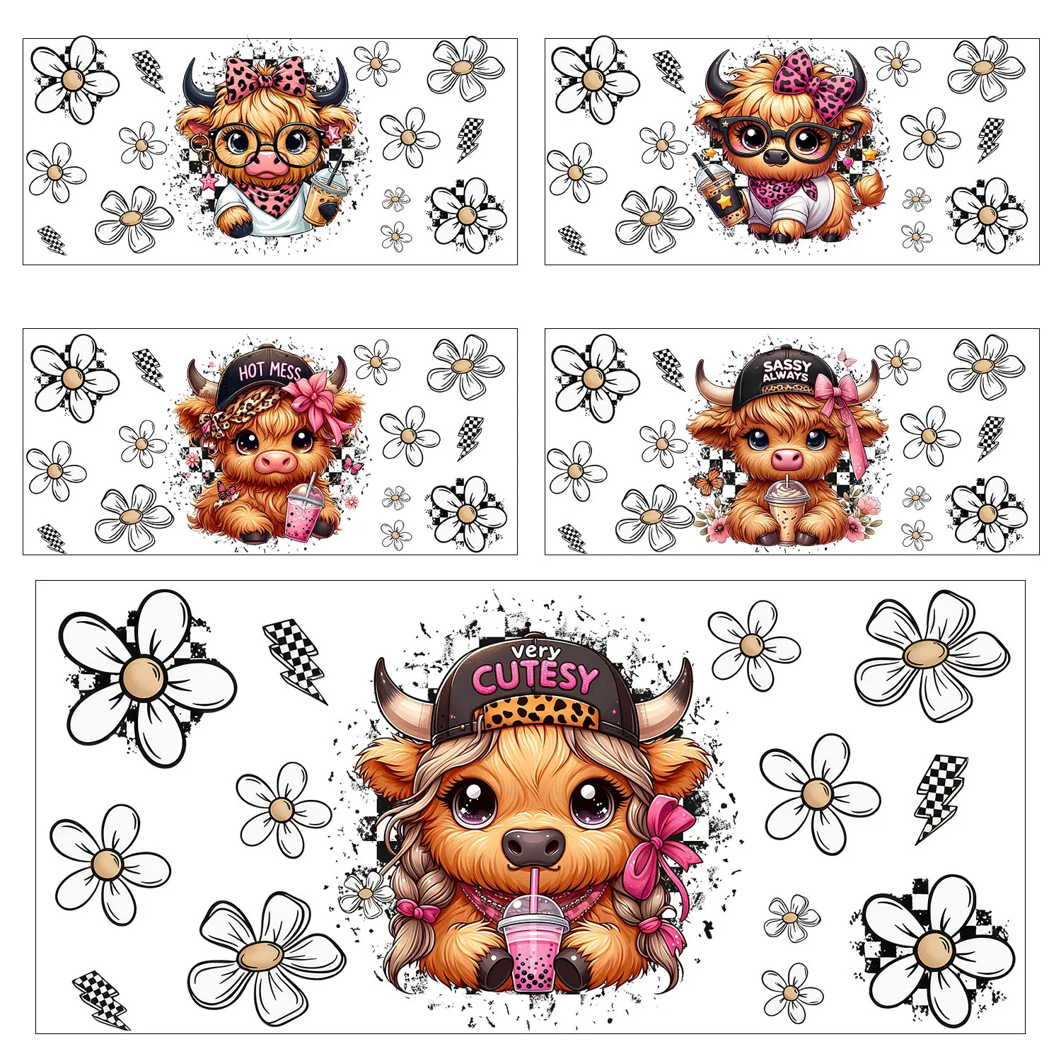 

Bow highland cattle baby peel waterproof DIY Decals 3D transfers uvdtf crystal stickers 16oz uv dtf cup wraps