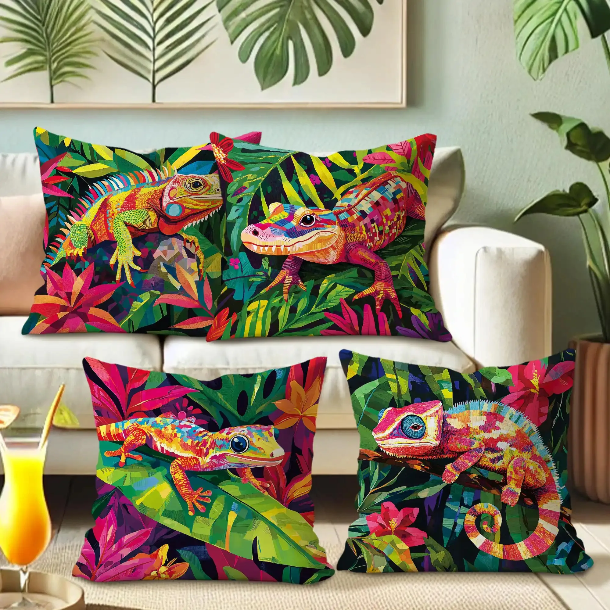 Vibrant Lizard Print Throw Pillow Covers Set, 40x40cm, 4pcs Tropical Jungle Gecko Animal Pillowcase Cushion Decor Home Accent