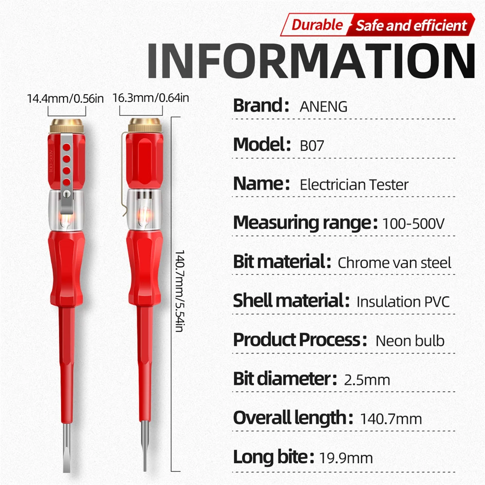 B07 Word Screwdriver Test Pen Pressure Indicator Test Pen Tester Screwdriver 100-500V Neon Light Non-contact Insulation Test Pen