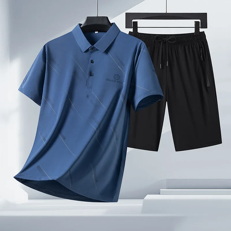 2025 new summer ice silk lapel polo shirt men's short-sleeved T-shirt shorts suit summer cool quick-drying business