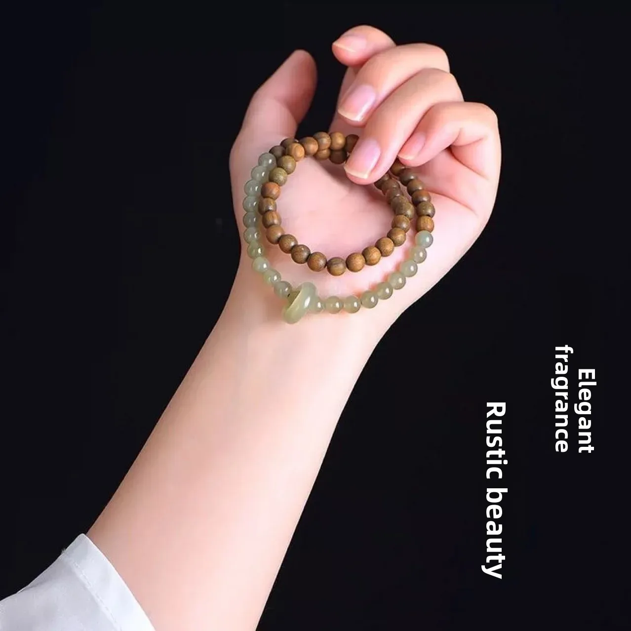 2026 New Hetian Jade Beaded Double Circle Sandalwood Bracelet For Women Green Mountain Dai Zodiac Year Bracelet Hetian Jade Mova