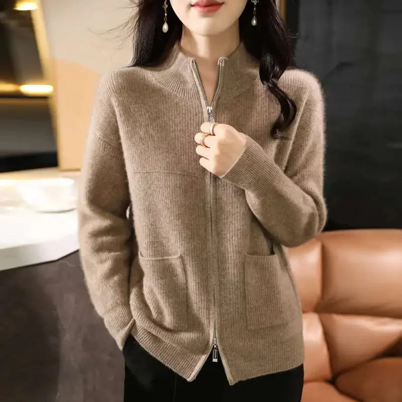 Fashion Knit Women Cardigan Casual Full Sleeve Zipper Stand Pleated Slim Lady Sweater 2025 Spring Autumn Office Female Knitwear