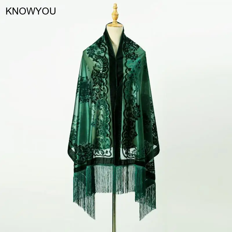 190*70cm xales luxo veludo jacquard pashmina senhora elegante festa à noite xale longo borlas capa feminina qipao echarpes