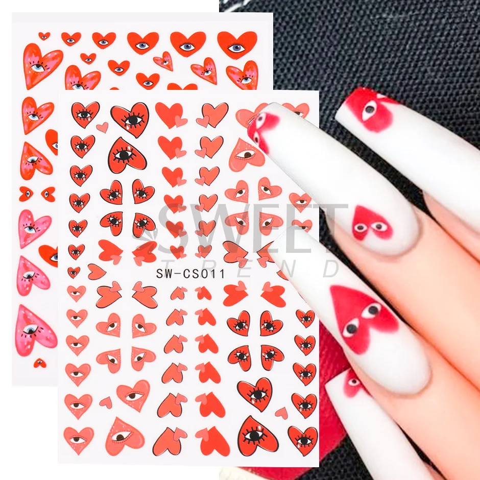 3pcs/set 3D Heart Nail Design Blue Red Evil Eye Nail Art Decoration Sticker Press on Nails Valentine Decals Manicure Accessories