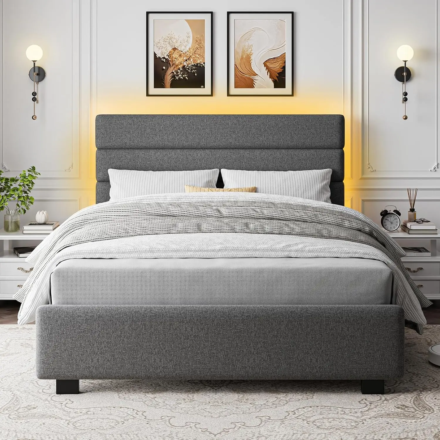 

Queen Bed Frame with Linen Headboard, Upholstered Bed Frame Queen Size with LED Lights, Modern BedFrame with Footboard, No Box