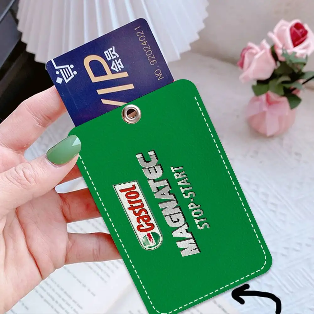 C-Castrol Logo 1Pc PU Leather Card Holder Keychain Key Ring Door Lock Access Tags ID Card Case Keychain Card