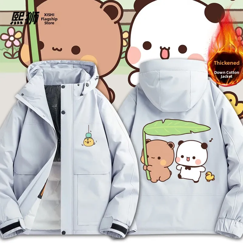 

Очаровательная хлопковая куртка с героями мультфильмов для мужчин и женщин, зимняя одежда, молодежная модная свободная посадка с капюшоном, длинная молния све