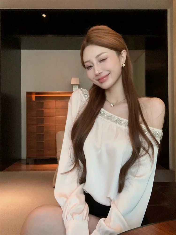 

Diamonds Off Shoulder Shirt Women 2025 New Elegant Long Sleeve Loose Satin Ladies Tops Fashion All Match Solid Blouse
