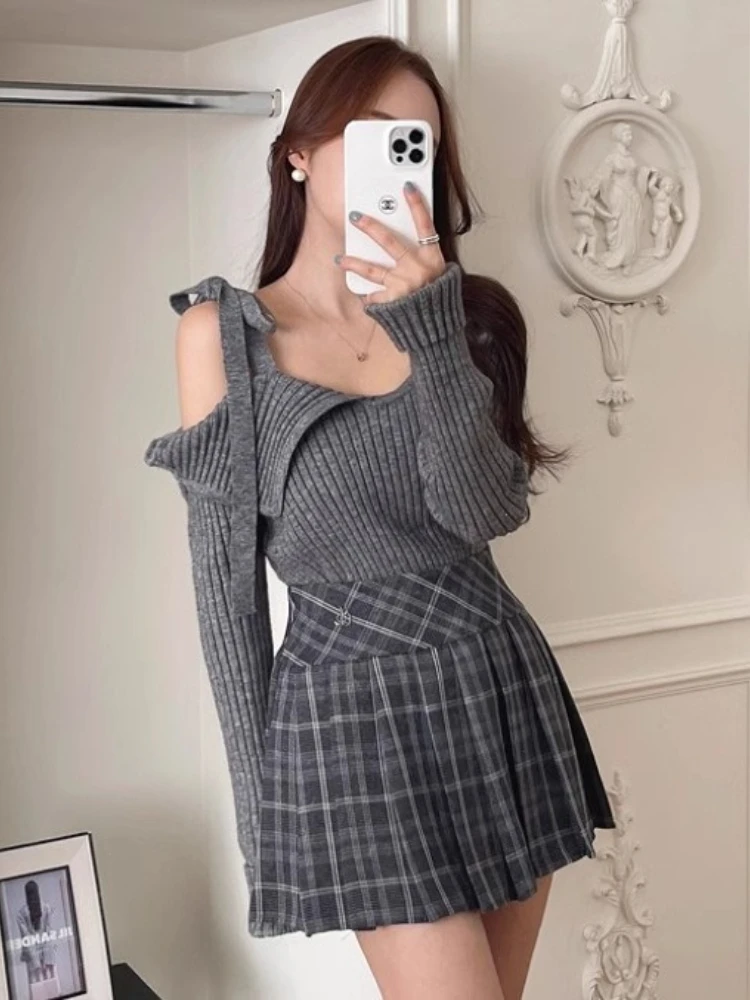 

Korobov Korean Y2k Sexy Autumn French Off Shoulder U Neck Long Sleeve Solid Lace-up Pullovers