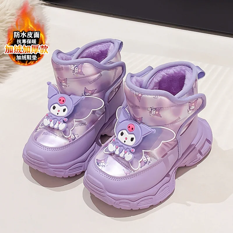 Kawaii Sanrio Kuromi Snow Boots Girl Thick Sole Big Cotton Boots Winter Anti-Slip Rubber Sole New Style Cute Fashion Warm Shoes