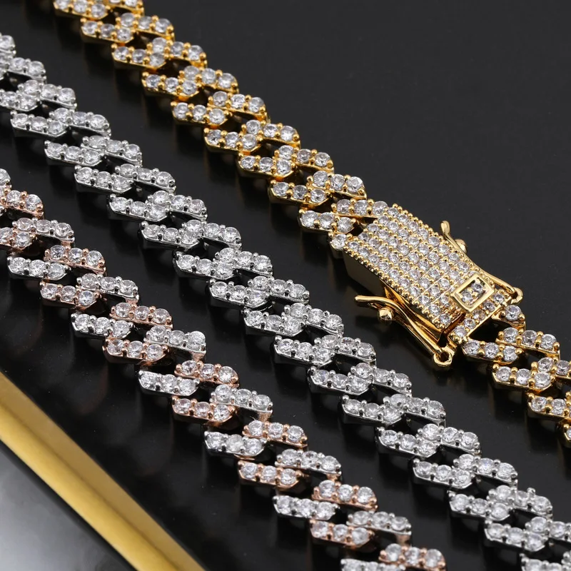 Hip Hop 5A+ CZ Stone Paved Bling Iced Out 10mm Rhombus Cuban Miami Link Chain Necklaces for Men Rapper Jewelry Gold Silver Color