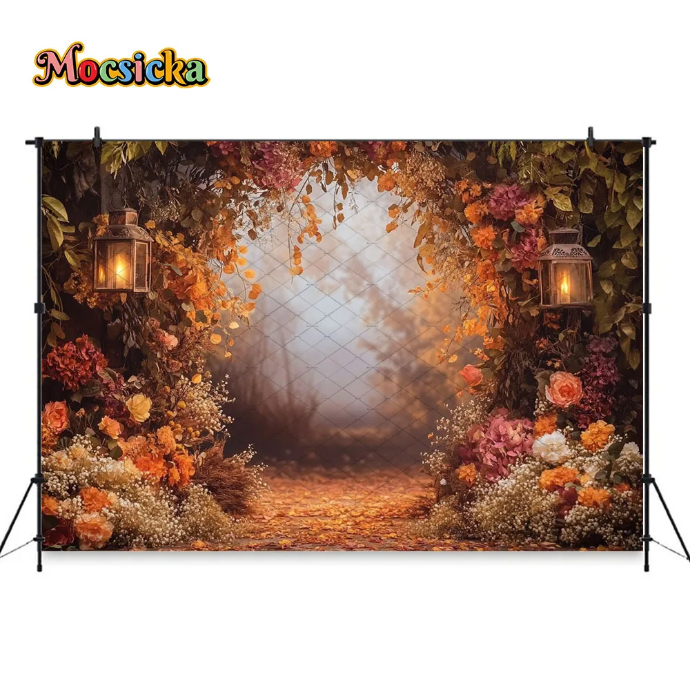 Mocsicka الملونة الأزهار الكرمة خلفية التصوير قوس فانوس الدافئة مضاءة رومانسية خلفية زوجين الزفاف صورة استوديو الدعامة #5